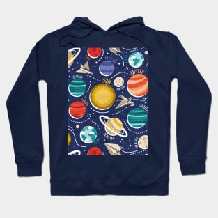 Paper space adventure I // pattern // navy blue background multicoloured solar system paper cut planets origami paper spaceships and rockets Hoodie